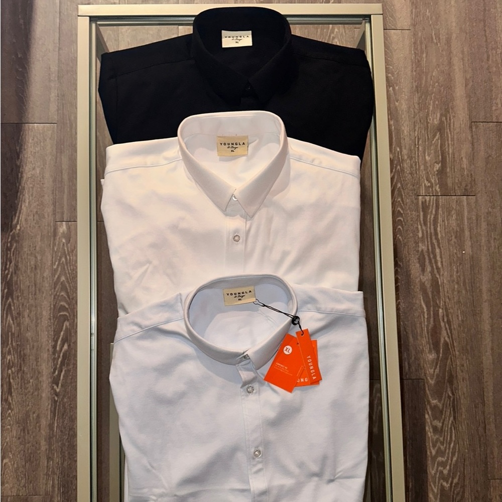 YOUNGLA Formal Dress Shirts (Lot x3) - Black, White, Blue